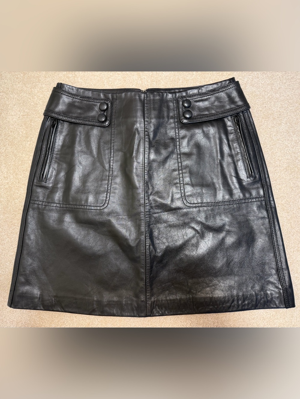 Black Leather Mini Skirt with Button Tab Waist and 2 Front Zipper Pockets Size 6